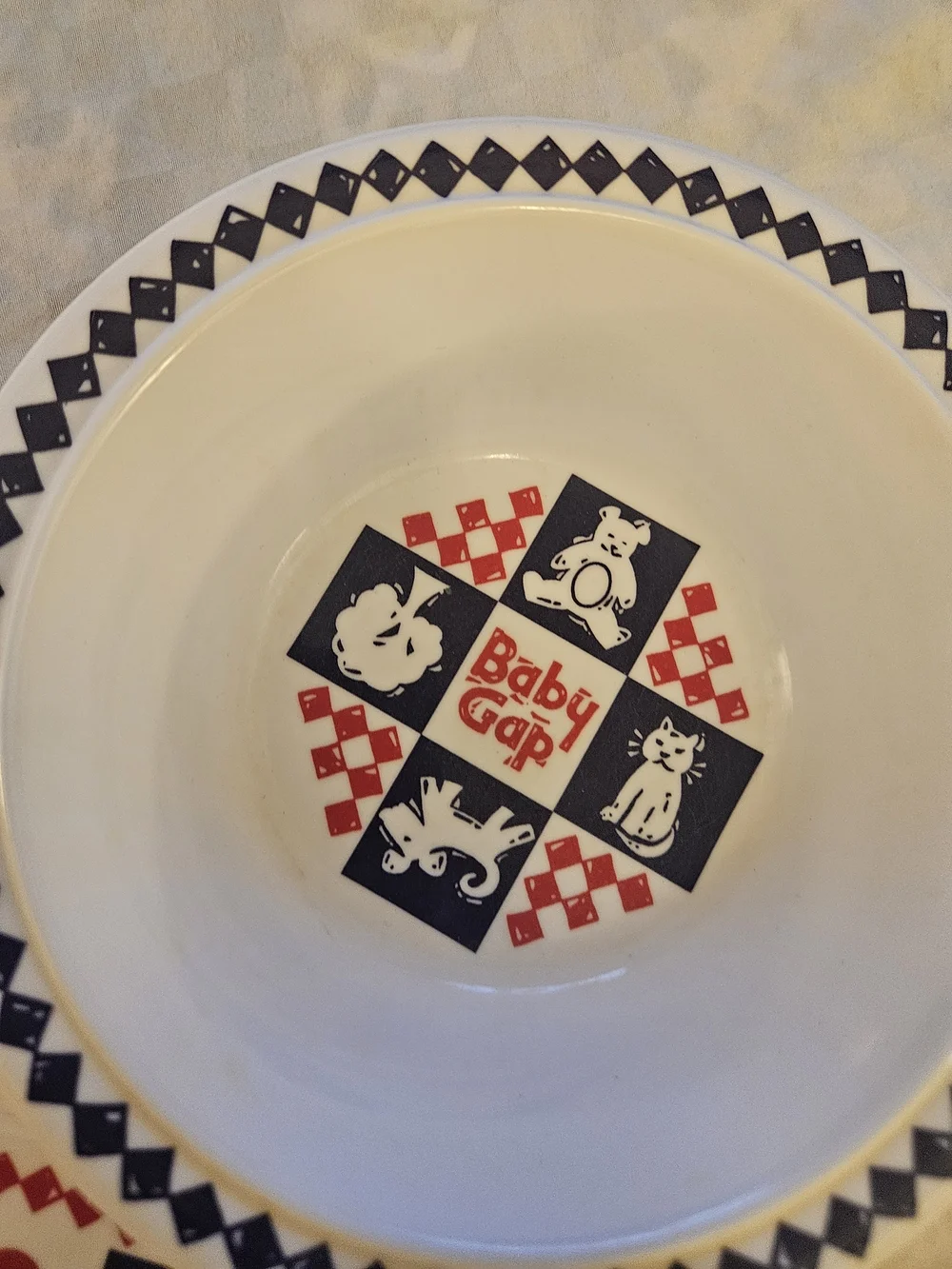 Vintage 1999 BABYGAP White Red & Navy Children's Plate and Bowl Set.